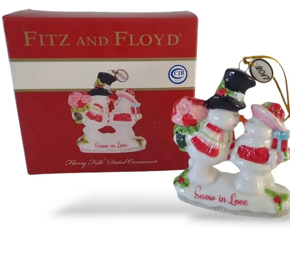 Fitz & Floyd Collectable Snow In Love Ceramic 2017 Christmas Tree Ornament w Box